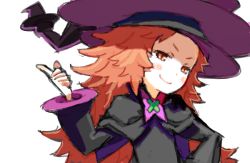 Rule 34 | 1girl, blush, child, hat, long hair, pointing, red eyes, red hair, sacred blaze, shamana, smile, solo, spiked hair, upper body, witch, witch hat