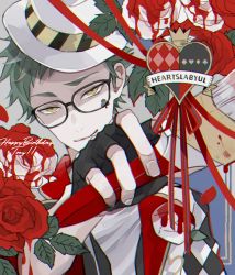 Rule 34 | 1boy, argyle, awara kayu, black gloves, closed mouth, clover, facial mark, fedora, fingerless gloves, flower, glasses, gloves, green hair, grey background, happy birthday, hat, highres, holding, holding paintbrush, leaf, looking at viewer, male focus, paintbrush, red flower, red rose, rose, short hair, simple background, smile, solo, thick eyebrows, trey clover, twisted wonderland, white flower, white hat, white rose, yellow eyes