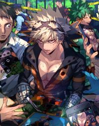 Rule 34 | 6+boys, bakugou katsuki, blonde hair, blurry, boku no hero academia, cellphone, closed eyes, collarbone, commentary request, day, eye mask, fence, gloves, green gloves, green hair, hair between eyes, highres, male focus, midoriya izuku, multiple boys, open mouth, outdoors, pectoral cleavage, pectorals, pen, phone, photo (object), police, police uniform, policeman, red eyes, scallopojisan, smile, spiked hair, sweat, taking picture, teeth, tongue, uniform