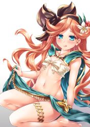 Rule 34 | 10s, 1girl, :q, arm support, bandeau, bare arms, barefoot, black hairband, black ribbon, blue eyes, blush, bow, breasts, cape, clothes lift, collarbone, floating hair, flower, fringe trim, full body, gradient background, granblue fantasy, green cape, green skirt, grey background, groin, hair flower, hair ornament, hairband, highres, long hair, looking at viewer, miyabi urumi, navel, no panties, orange hair, parted bangs, red flower, ribbon, sara (granblue fantasy), seiza, shiny skin, sitting, skirt, skirt lift, small breasts, solo, stomach, sweat, thighlet, tongue, tongue out, very long hair, wavy hair, white background, white bow, white flower