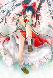 Rule 34 | 1girl, ascot, bare shoulders, black hair, bobby socks, bow, breasts, brown footwear, cherry blossoms, detached sleeves, frilled bow, frilled hair tubes, frilled skirt, frilled socks, frills, full body, hair bow, hair tubes, hakurei reimu, highres, instrument, medium hair, mgmg, music, playing flute, playing instrument, red bow, red ribbon, red shirt, red skirt, ribbon, ribbon-trimmed sleeves, ribbon trim, shirt, skirt, sleeveless, sleeveless shirt, small breasts, socks, solo, touhou, white socks, wide sleeves, yellow ascot