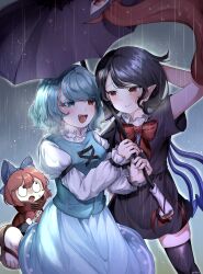 Rule 34 | 3girls, :d, absurdres, arm behind head, black dress, black hair, black thighhighs, blue eyes, blue hair, blue skirt, blue vest, blush, bow, bowtie, closed mouth, commentary request, dress, enneh, hair bow, heterochromia, highres, holding, holding umbrella, houjuu nue, juliet sleeves, karakasa obake, long sleeves, looking at another, looking at viewer, multiple girls, netorare, open mouth, pointy ears, puffy sleeves, purple umbrella, red bow, red bowtie, red eyes, red hair, sekibanki, shirt, short sleeves, skirt, smile, tatara kogasa, thighhighs, tongue, touhou, umbrella, vest, white shirt, yuri