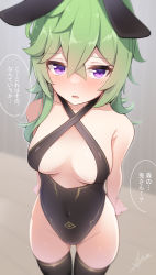 Rule 34 | 1girl, alternate costume, animal ears, arms behind back, bare shoulders, black leotard, black thighhighs, blush, breasts, collei (genshin impact), covered navel, criss-cross halter, crossed bangs, fake animal ears, genshin impact, green hair, halterneck, highleg, highleg leotard, highres, leotard, looking at viewer, medium breasts, medium hair, parted lips, playboy bunny, purple eyes, rabbit ears, signature, solo, thighhighs, translation request, xlyami