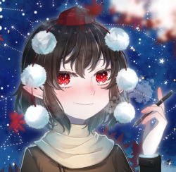 Rule 34 | 1girl, alternate costume, beige scarf, blush, brown coat, brown hair, closed mouth, coat, commentary request, eyelashes, happy, hat, holding, holding pen, leaf, long sleeves, looking at viewer, night, night sky, pen, pom pom (clothes), portrait, red hat, shameimaru aya, short hair, sky, smile, star (sky), star (symbol), starry sky, tokin hat, toraneko 2, touhou, winter clothes, winter coat