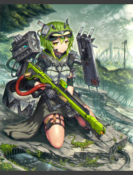 Rule 34 | 1girl, breasts, city, closed mouth, commentary request, day, elbow pads, forest, gia, gloves, goggles, goggles on head, green hair, gun, headgear, highres, holding, holding gun, holding weapon, kneeling, lizard, looking at viewer, magnetic weapon, medium breasts, nature, original, outdoors, railgun, rifle, short hair, short sleeves, sniper rifle, solo, weapon, yellow eyes