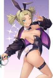 Rule 34 | 1girl, animal ears, black bow, black bowtie, black leotard, bow, bowtie, breasts, commission, droite (tales), e (eokiba), earrings, fake animal ears, green eyes, green hair, green nails, hair rings, highres, holding, holding sword, holding weapon, jacket, jewelry, leotard, medium breasts, nail polish, one eye closed, playboy bunny, purple background, purple jacket, rabbit ears, rabbit tail, sidelocks, smile, solo, sword, tail, tales of (series), tales of vesperia, thigh strap, twintails, v, weapon