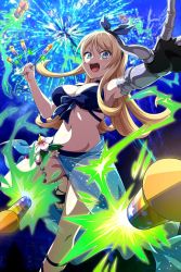 Rule 34 | 1girl, aerial fireworks, armor, bikini, black bikini, black footwear, black hair, blonde hair, blue eyes, bow, breasts, cleavage, elina (queen&#039;s blade), elina (queen's blade), fang, fireworks, flower, hair bow, hair ribbon, hand up, headband, holding, large breasts, long hair, navel, night, night sky, official art, open mouth, outdoors, parted bangs, queen&#039;s blade, queen&#039;s blade unlimited, queen&#039;s blade white triangle, ribbon, sandals, shadow tracker elina, sidelocks, sky, solo, swimsuit