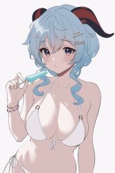 Rule 34 | 1girl, alternate costume, bare arms, bare shoulders, bead bracelet, beads, bikini, blue hair, bracelet, breasts, cleavage, closed mouth, food, front-tie bikini top, front-tie top, ganyu (genshin impact), genshin impact, goat horns, hair ornament, hairclip, halterneck, hand up, highres, holding, holding food, holding popsicle, horns, jewelry, large breasts, long hair, looking at viewer, navel, popsicle, purple eyes, side-tie bikini bottom, simple background, solo, soybean (hisoybean), stomach, string bikini, swimsuit, wavy hair, white background, white bikini