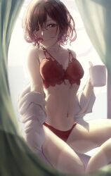 Rule 34 | 1girl, backlighting, blurry, blurry foreground, blush, bra, breasts, brown hair, collarbone, cup, depth of field, highres, higuchi madoka, holding, holding cup, idolmaster, idolmaster shiny colors, looking at viewer, misanga (hxjd5354), mole, mole under eye, mug, navel, open mouth, panties, red bra, red eyes, red panties, shirt, small breasts, smile, solo, underwear, white shirt