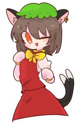 Rule 34 | 1girl, ;3, animal ears, bow, bowtie, brown hair, cat ears, cat tail, chen, dress, earrings, green hat, hat, high collar, highres, jewelry, mob cap, multiple tails, one eye closed, op na yarou, paw pose, puffy short sleeves, puffy sleeves, red dress, short hair, short sleeves, simple background, single earring, solo, tail, touhou, two tails, white background, yellow bow, yellow bowtie