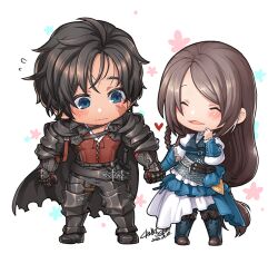 Rule 34 | 1boy, 1girl, black cape, black footwear, black hair, black pants, blue eyes, blue footwear, blush, boots, cape, chibi, chibisaru, clive rosfield, closed eyes, closed mouth, commentary request, couple, dated, facial scar, final fantasy, final fantasy xvi, floral background, flying sweatdrops, full body, gauntlets, grey hair, heart, holding hands, jill warrick, long hair, looking at another, low-tied long hair, open mouth, pants, puffy sleeves, red vest, scar, scar on cheek, scar on face, sheath, sheathed, short hair, signature, simple background, skirt, standing, sword, very long hair, vest, weapon, white background, white skirt