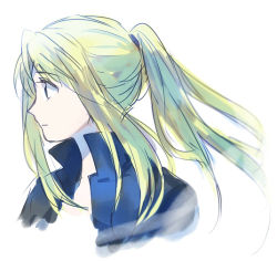 Rule 34 | 1girl, blonde hair, close-up, expressionless, floating hair, fullmetal alchemist, jacket, long hair, looking away, profile, riru, shirt, simple background, solo, upper body, white background, white shirt, winry rockbell