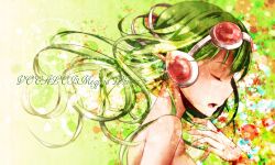 Rule 34 | 1girl, bare shoulders, closed eyes, female focus, goggles, goggles on head, gradient background, green hair, gumi, gumi (v3 megpoid), headphones, music, nou (nounknown), open mouth, profile, red-tinted eyewear, short hair, singing, solo, tinted eyewear, upper body, vocaloid