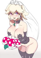Rule 34 | 1girl, blonde hair, blue eyes, blush, breasts, bridal veil, cleavage, collar, crown, earrings, elbow gloves, gloves, highres, jewelry, large breasts, long hair, looking at viewer, mario (series), nintendo, no panties, pasties, piranha plant, princess peach, simple background, smile, solo, thighhighs, ukimukai, veil, white background