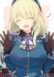 Rule 34 | 10s, 1girl, :d, ^ ^, atago (kancolle), blonde hair, breasts, closed eyes, closed eyes, gloves, hat, hiiragi souren, kantai collection, large breasts, long hair, musical note, open mouth, quaver, smile, solo, speech bubble, spoken musical note