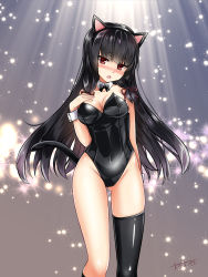 Rule 34 | 10s, 1girl, animal ears, asymmetrical legwear, black hair, breasts, cat ears, cat tail, cleavage, fake animal ears, fake tail, hair ribbon, hand on own chest, highres, isokaze (kancolle), kantai collection, kittysuit, kneehighs, leotard, light rays, long hair, nontraditional playboy bunny, omoomomo, red eyes, ribbon, signature, single kneehigh, single sock, single thighhigh, socks, solo, strapless, strapless leotard, tail, thighhighs, tress ribbon, uneven legwear