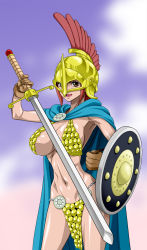 Rule 34 | 1girl, armor, armpits, breasts, cape, dressrosa, gladiator, gloves, helmet, highres, hip focus, large breasts, legs, navel, nel-zel formula, one piece, open mouth, princess, rebecca (one piece), red hair, shield, short hair, simple background, smile, standing, sword, thighs, weapon