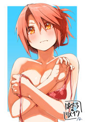 Rule 34 | 1girl, bikini, blush, bokutachi no remake, bra, breasts, cleavage, collarbone, covering privates, covering breasts, embarrassed, frown, green background, hair between eyes, holding, holding bikini, holding clothes, holding swimsuit, kawasegawa eiko, large breasts, looking at viewer, medium breasts, orange eyes, red bikini, red hair, short hair, solo, sweatdrop, swimsuit, translation request, underwear, untied bikini, upper body, wardrobe malfunction, white background, yanngoto