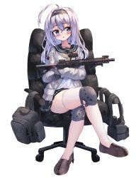 Rule 34 | 1girl, absurdres, ahoge, aimpoint, ar-15, black gloves, black hairband, black sailor collar, black skirt, blush, brown footwear, chair, commentary request, crossed legs, full body, gloves, grey eyes, grey jacket, gun, hair between eyes, hair intakes, hairband, head tilt, highres, holding, holding gun, holding weapon, jacket, loafers, long hair, long sleeves, magpul, office chair, on chair, open clothes, open jacket, original, parted lips, pleated skirt, rifle, sailor collar, shirt, shoes, silver hair, simple background, sitting, skirt, solo, swivel chair, tandohark, thighhighs, weapon, white background, white shirt, white thighhighs, yellow neckwear