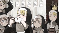 Rule 34 | &gt; &lt;, + +, 6+girls, ^ ^, animal, animal on head, animal on shoulder, barrel, bendy straw, bird, blonde hair, blue eyes, brick wall, brown hair, character doll, clenched hands, closed eyes, clumsy nun (diva), coffee cup, coffee pot, commentary, cup, disposable cup, diva (hyxpk), doll, drawing, drinking, drinking straw, duck, duckling, english commentary, finger to cheek, flower, framed, framed image, freckles nun (diva), frog, froggy nun (diva), glasses, glasses nun (diva), habit, hair flower, hair ornament, hairclip, hand on another&#039;s head, hand on own head, heart, heart-shaped eyewear, highres, holding, holding cup, holding doll, indoors, little nuns (diva), looking at another, milk, mole, mole under eye, mouse (animal), mouse tail, mouth hold, multiple girls, nun, on head, original, peeking, picture frame, reflection, round eyewear, saucer, smile, spicy nun (diva), stained clothes, strict nun (diva), sugar cube, sweatdrop, table, tail, tearing up, tinted eyewear, traditional nun, triangle mouth, wall, wooden floor, wooden table, yellow eyes