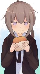 Rule 34 | 1girl, antenna hair, b6 (b6 n2), black jacket, brown hair, burger, closed mouth, eating, food, food in mouth, food on face, girls&#039; frontline, hair between eyes, highres, holding, holding food, jacket, looking at viewer, m200 (girls&#039; frontline), necktie, polo shirt, ponytail, purple eyes, shirt, solo, white shirt