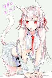 Rule 34 | 1girl, animal ears, arm support, bare shoulders, blush, cat ears, cat girl, cat tail, collarbone, collared shirt, crop top, fangs, grey background, hair ribbon, highres, leaning forward, long hair, necktie, open mouth, original, pleated skirt, red eyes, red necktie, red ribbon, ribbon, shirt, signature, silver hair, simple background, skirt, sleeveless, sleeveless shirt, solo, tail, tail raised, thighhighs, tomozero, translation request, very long hair, white shirt, white skirt, white thighhighs