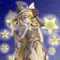 Rule 34 | 1girl, a-ktoo, alternate costume, blonde hair, braid, broom, cape, hat, kirisame marisa, leotard, long hair, open mouth, showgirl skirt, smile, solo, star (symbol), touhou, translated, vambraces, witch hat