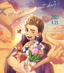 Rule 34 | 1boy, bird, blue eyes, blurry, blurry foreground, bouquet, box, child, collared jacket, commentary request, dated, english text, finger frame, flower, gift, gift box, hand tattoo, happy birthday, heart-shaped box, highres, holding, holding bouquet, holding gift, horns, jacket, male focus, one eye closed, open mouth, purple jacket, ribbon, robinson (housamo), short hair, smile, solo focus, sunset, tass commuovere, tattoo, tokyo houkago summoners, tulip, upper body, white ribbon