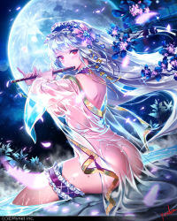 Rule 34 | 1girl, ass, blue hair, blush, breasts, copyright name, flower, flute, hair ornament, highres, holding, instrument, long hair, looking at viewer, looking back, maboroshi juuhime, medium breasts, moon, night, night sky, onsen, original, partially submerged, petals, red eyes, see-through, signature, sitting, sky, solo, sparkle, water, wet, wet clothes, wide sleeves, yoda (ayanamikodon)