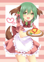 Rule 34 | 1girl, 3535carrot, animal ears, apron, bad id, bad pixiv id, blush, border, bow, fang, food, green eyes, green hair, hair bow, heart, kasodani kyouko, looking at viewer, matching hair/eyes, omelet, omurice, open mouth, plate, puffy short sleeves, puffy sleeves, short sleeves, solo, striped, tail, touhou, uguisu mochi (ykss35), waitress