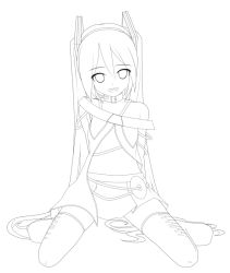 Rule 34 | 1girl, arms behind back, bad id, bad pixiv id, collar, cosplay, eto, greyscale, hatsune miku, headset, kneeling, lily (vocaloid), lily (vocaloid) (cosplay), lineart, long hair, looking at viewer, monochrome, navel, open mouth, skirt, smile, solo, thighhighs, twintails, very long hair, vocaloid, zettai ryouiki