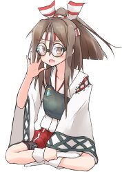 1girl :d bespectacled blush brown_eyes brown_hair commentary_request daidaiiro fang full_body glasses green-framed_eyewear headband highres japanese_clothes kantai_collection kimono long_hair long_sleeves looking_at_viewer muneate no_shoes open_mouth ponytail puffy_shorts red_shorts round_eyewear shorts simple_background sitting smile socks solo striped_headband tabi vertical-striped_headband white_background white_kimono white_socks wide_sleeves zuihou_(kancolle)