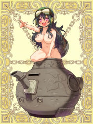 Rule 34 | 1girl, black hair, bright pupils, covering privates, covering crotch, goggles, goggles on head, hair censor, hair over breasts, heart, heart-shaped pupils, helmet, jewelry, kerberos blade, long hair, navel, necklace, nude, official art, open mouth, outstretched arm, pink eyes, pointing, round teeth, ryoji (nomura ryouji), solo, sweat, symbol-shaped pupils, teapot, teeth, yellow background