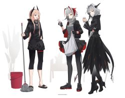 Rule 34 | 3girls, absurdres, ahoge, antennae, arknights, artist name, black dress, black footwear, black gloves, black jacket, black pants, black pantyhose, black skirt, brown eyes, bucket, closed mouth, creator connection, crossover, cup, demon horns, demon tail, dragon girl, dragon horns, dragon tail, dress, fang, fingerless gloves, frilled dress, frills, full body, girls&#039; frontline, gloves, grey hair, grey sweater, hair intakes, headgear, high heels, highres, holding, holding cup, holding mop, horns, jacket, long hair, looking at another, looking at viewer, m4 sopmod ii (girls&#039; frontline), mask, medium hair, mop, mouth mask, multicolored hair, multiple girls, northkiyou, open mouth, pants, pantyhose, pink hair, red eyes, red hair, red skirt, sidelocks, skirt, smile, standing, streaked hair, sweater, tail, talulah (arknights), turtleneck, turtleneck sweater, two-tone skirt, w (arknights), white background, wide sleeves, yellow eyes, yoga pants