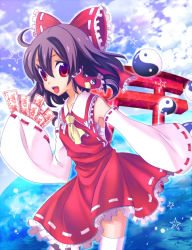 Rule 34 | 1girl, bad id, bad pixiv id, bow, brown hair, detached sleeves, female focus, hakurei reimu, japanese clothes, miko, ofuda, outdoors, red eyes, short hair, sky, solo, torii, touhou, undefined fantastic object, yin yang, yonyon
