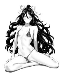 Rule 34 | 1girl, bare arms, bare legs, bare shoulders, barefoot, bikini, blush, collarbone, full body, greyscale, hair between eyes, hair ribbon, highres, kantai collection, katsuragi (kancolle), long hair, monochrome, navel, open mouth, ponytail, ribbon, shingyou (alexander-13), simple background, solo, swimsuit, white background