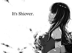 1girl armlet blood breasts cuts dress from_side gardavwar greyscale hair_over_eyes highres hololive hololive_english injury jewelry kaneki_profile_picture_(meme) large_breasts long_hair meme monochrome ribbon shiori_novella shiori_novella_(1st_costume) solo virtual_youtuber