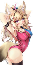 Rule 34 | 1girl, absurdres, ahoge, animal ears, armpits, arms behind head, ass, blonde hair, blush, breasts, cleavage, collarbone, competition swimsuit, ebiko yaki, eyelashes, eyelashes visible through hair, fox ears, fox tail, heart, heart-shaped pupils, highres, hololive, large breasts, leaning forward, long hair, looking at viewer, looking back, omaru polka, one-piece swimsuit, open mouth, pink eyes, simple background, sweat, swimsuit, symbol-shaped pupils, tail, thighs, virtual youtuber