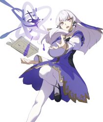 Rule 34 | 1girl, black footwear, book, dress, fingernails, fire emblem, fire emblem: three houses, floating, floating hair, floating object, gold trim, highres, long hair, looking at viewer, lysithea von ordelia, magic, nintendo, pantyhose, pink eyes, purple dress, shoes, simple background, solo, standing, standing on one leg, teeth, upper teeth only, veil, white background, white hair, white pantyhose, white sleeves, zv6dllrzu725132