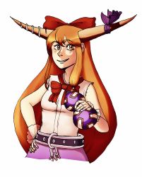 Rule 34 | 1girl, bow, brown eyes, brown hair, highres, horns, ibuki suika, long hair, moonywitcher, simple background, smile, solo, touhou, white background