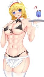 Rule 34 | 1girl, abs, absurdres, alice margatroid, alternate costume, bikini, black bikini, black bow, black bowtie, blonde hair, blue eyes, blush, bow, bowtie, breasts, cocktail, commentary request, cookie (touhou), cowboy shot, detached collar, drinking straw, enmaided, garter straps, highres, holding, holding tray, ikikiksgiksg, large breasts, looking at viewer, maid, maid bikini, maid headdress, muscular, muscular female, open mouth, sakuranbou (cookie), short hair, side-tie bikini bottom, simple background, solo, swimsuit, thighhighs, touhou, tray, unconventional maid, white background, white thighhighs, wrist cuffs
