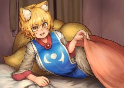 Rule 34 | 1girl, :d, absurdres, animal ear fluff, animal ears, arm support, blanket, blonde hair, blush, brooch, chanta (ayatakaoisii), fox ears, fox tail, highres, huge filesize, indoors, jewelry, long sleeves, looking at viewer, multiple tails, on bed, open mouth, pillow, shirt, short hair, slit pupils, smile, solo, tabard, tail, touhou, under covers, white shirt, yakumo ran, yellow eyes
