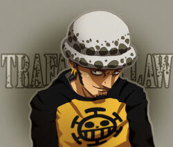 Rule 34 | 1boy, black hair, character name, closed mouth, commentary, corey miller, earrings, english commentary, facial hair, goatee, grey background, hat, hood, hoodie, jewelry, long sideburns, long sleeves, male focus, one piece, raglan sleeves, short hair, sideburns, simple background, smile, solo, trafalgar law