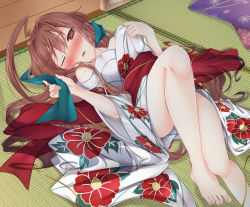 Rule 34 | 10s, 1girl, absurdres, ahoge, bare legs, barefoot, blush, brown hair, camellia, camellia print, convenient leg, feet, floral print, flower, hair between eyes, hair intakes, highres, huge ahoge, japanese clothes, kantai collection, kimono, ko yu, kuma (kancolle), legs, long hair, looking at viewer, lying, obi, off shoulder, on back, on floor, one eye closed, open mouth, red eyes, sash, solo, tatami, toes, untied obi