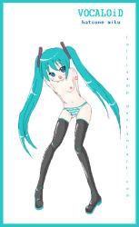 Rule 34 | boots, breasts, hatsune miku, panties, striped clothes, striped panties, thighhighs, topless, underwear, vocaloid