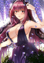 Rule 34 | 1girl, arm up, armpits, bare shoulders, blush, breasts, cleavage, collarbone, dress, fate/grand order, fate (series), hair between eyes, hair intakes, highres, large breasts, long hair, looking at viewer, noixen, petals, purple dress, purple hair, red eyes, scathach (fate), sideboob, smile, solo, veil
