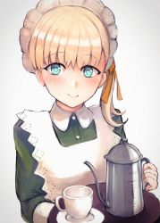 Rule 34 | 1girl, alternate costume, apron, bad id, bad twitter id, blonde hair, blue eyes, blunt bangs, commentary request, cup, dress, enmaided, frilled apron, frills, green dress, hair ribbon, kantai collection, lips, long hair, looking at viewer, maid, maid headdress, miyako (rgrayt), ribbon, saucer, shin&#039;you (kancolle), simple background, smile, solo, teacup, teapot, tray, upper body, white apron, white background, yellow ribbon