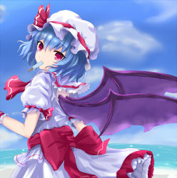 Rule 34 | 1girl, bad id, bad pixiv id, bat wings, beach, blue hair, food, hat, hat ribbon, ice cream, looking back, mob cap, red eyes, remilia scarlet, ribbon, solo, touhou, white crow, wings