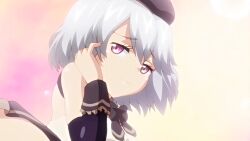 Rule 34 | 1girl, absurdres, anime screenshot, erin (knight of erin), female focus, highres, knight of erin, purple eyes, shiny skin, solo, white hair