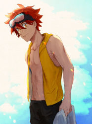 Rule 34 | 1boy, black shorts, brown eyes, day, goggles, goggles on head, hair between eyes, highres, kyan reki, light smile, looking at viewer, male focus, messy hair, open clothes, open vest, outdoors, red hair, sako (oyatutabero), shorts, sk8 the infinity, solo, standing, toned, toned male, vest, yellow vest